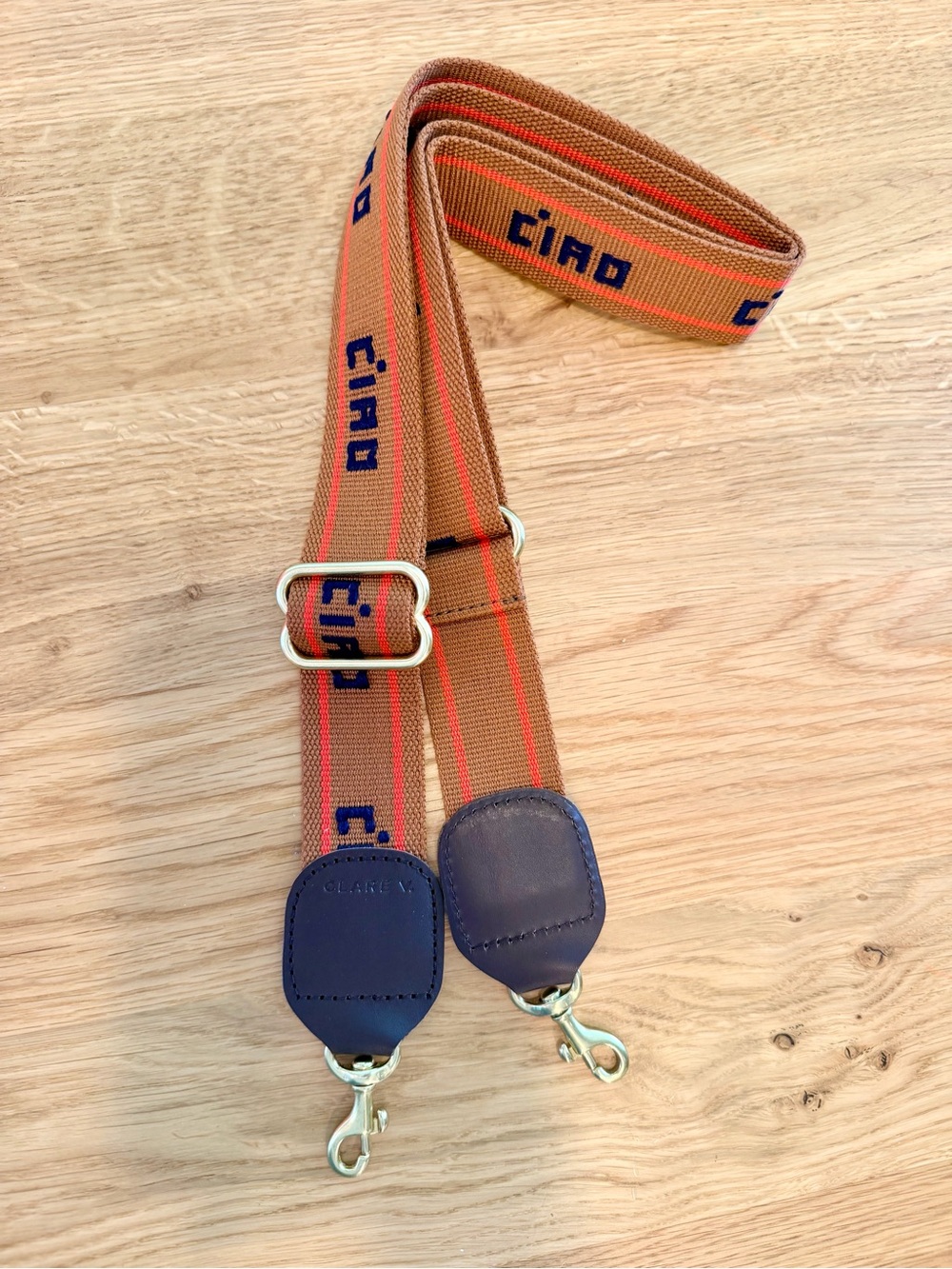 Clare V Adjustable Crossbody Strap - Tan w/ Poppy/Navy Petite Ciao NWT $125